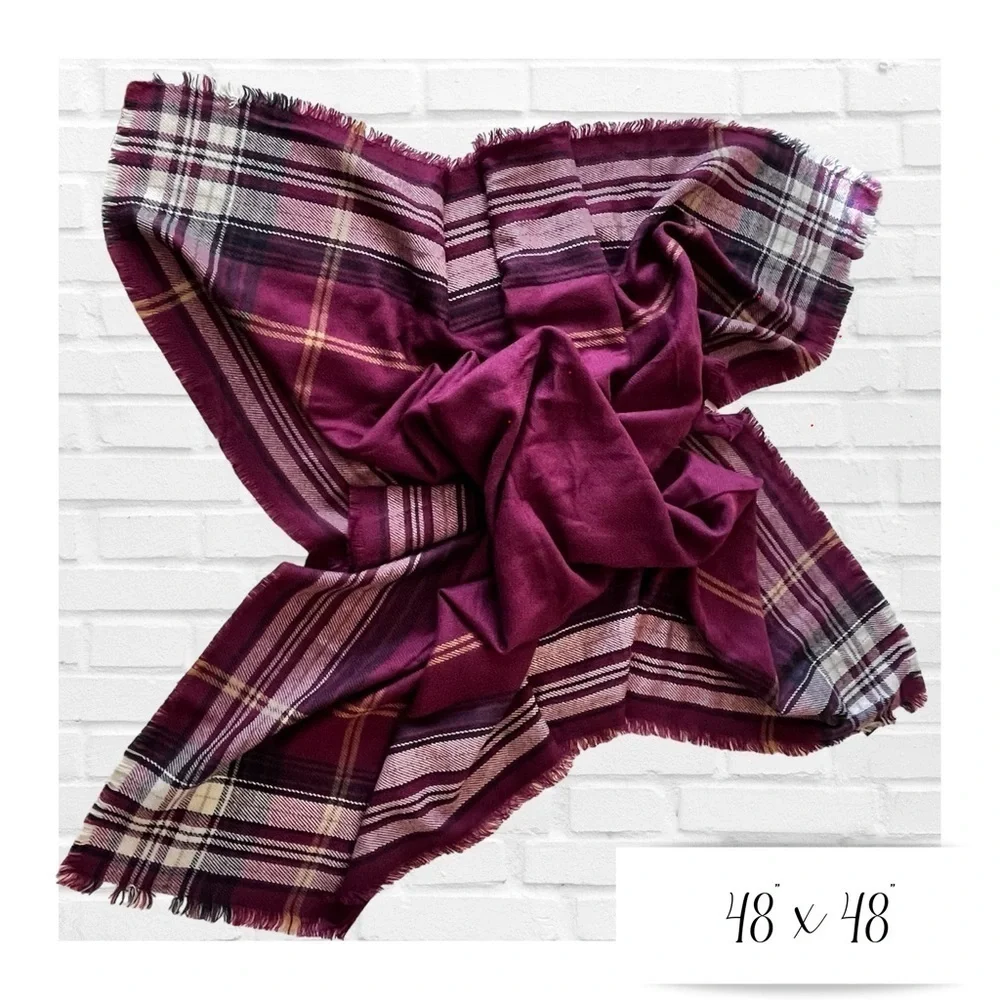 Ralph Lauren Chaps Maroon Tartan Plaid Large Square Scarf Scandi Girl Cabincore